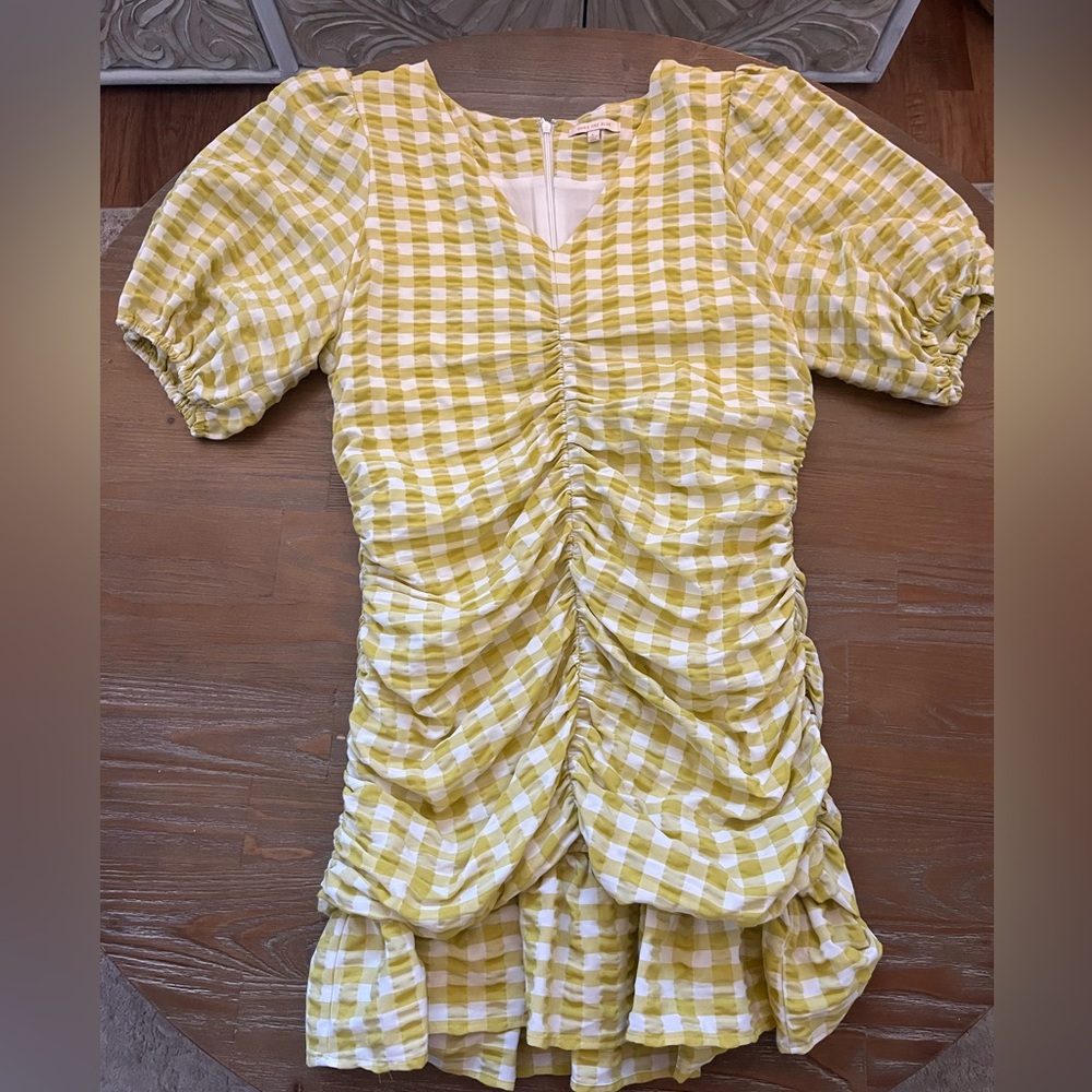 Ruched green and white plaid dress